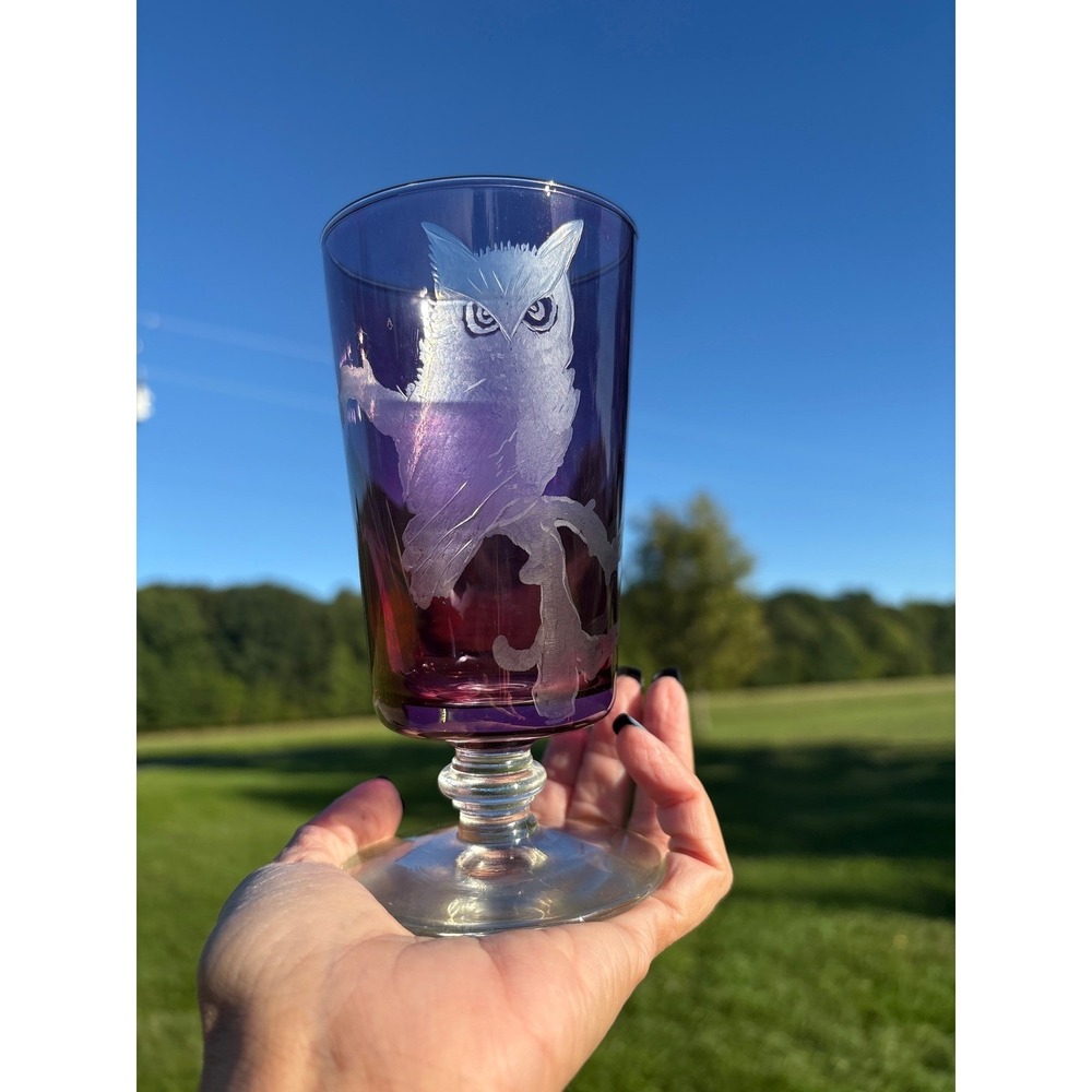 Art Brayshaw Signed Etched Owl Amethyst Purple Glass Goblet Vintage 6 Inch